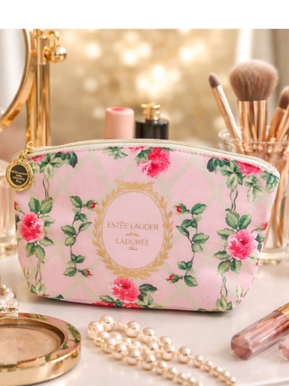 Estee Lauder x LADUREE Paris Pink Floral Cosmetic Pouch makeup bag toiletry bag